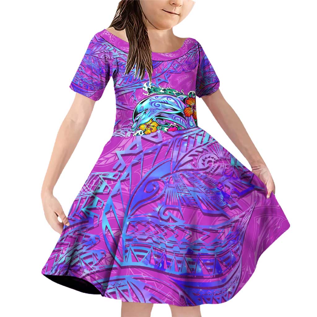 Dolphin Polynesia Family Matching Off Shoulder Short Dress and Hawaiian Shirt Hibiscus Tropical Wave - Purple Vibes DT02 Daughter's Dress Purple - Polynesian Pride