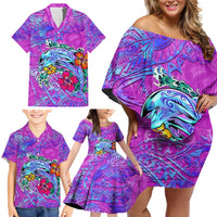 Dolphin Polynesia Family Matching Off Shoulder Short Dress and Hawaiian Shirt Hibiscus Tropical Wave - Purple Vibes DT02 - Polynesian Pride