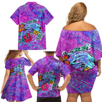 Dolphin Polynesia Family Matching Off Shoulder Short Dress and Hawaiian Shirt Hibiscus Tropical Wave - Purple Vibes DT02 - Polynesian Pride