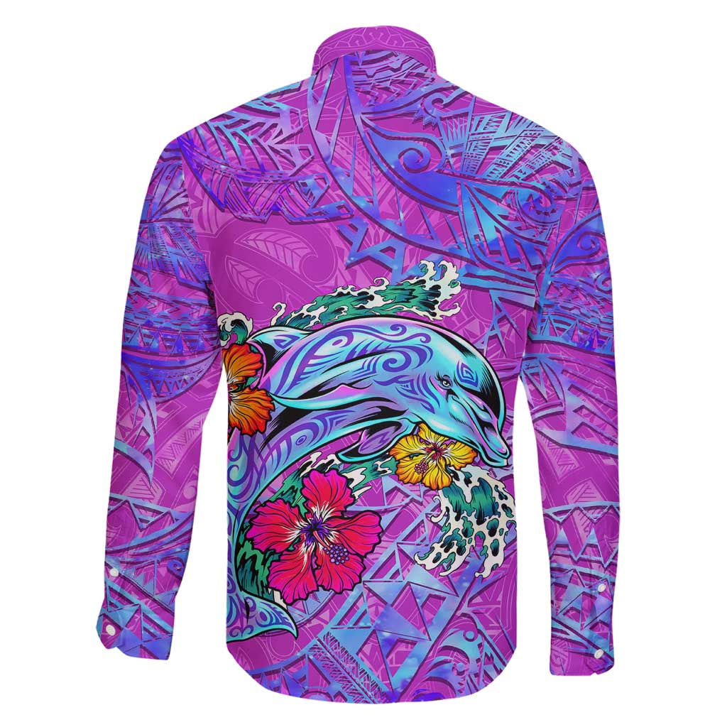 Personalized Dolphin Polynesia Family Matching Puletasi and Hawaiian Shirt Hibiscus Tropical Wave - Purple Vibes
