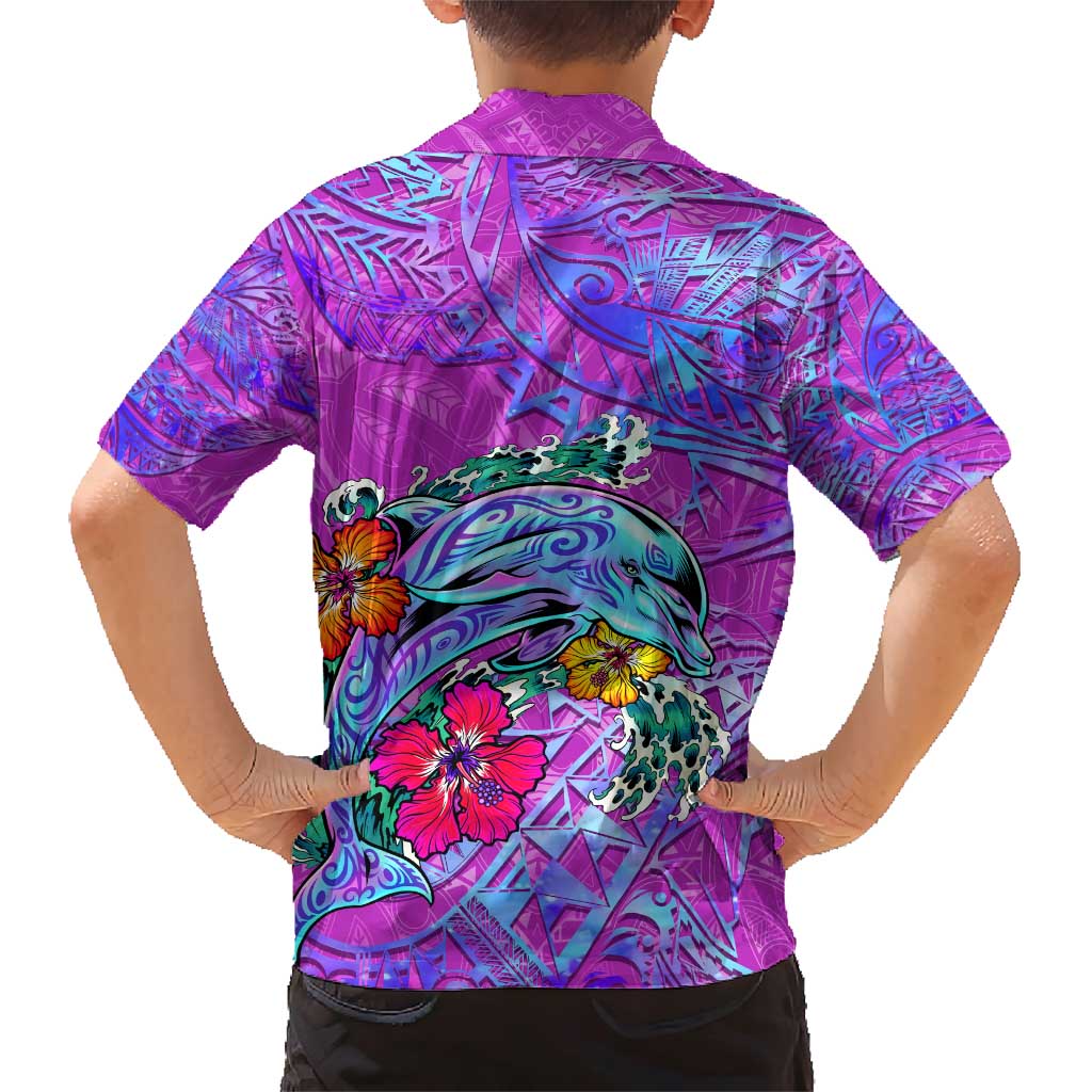 Dolphin Polynesia Family Matching Short Sleeve Bodycon Dress and Hawaiian Shirt Hibiscus Tropical Wave - Purple Vibes DT02 - Polynesian Pride