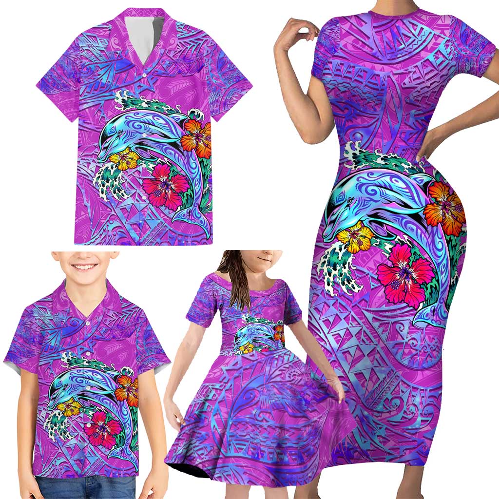 Dolphin Polynesia Family Matching Short Sleeve Bodycon Dress and Hawaiian Shirt Hibiscus Tropical Wave - Purple Vibes DT02 - Polynesian Pride