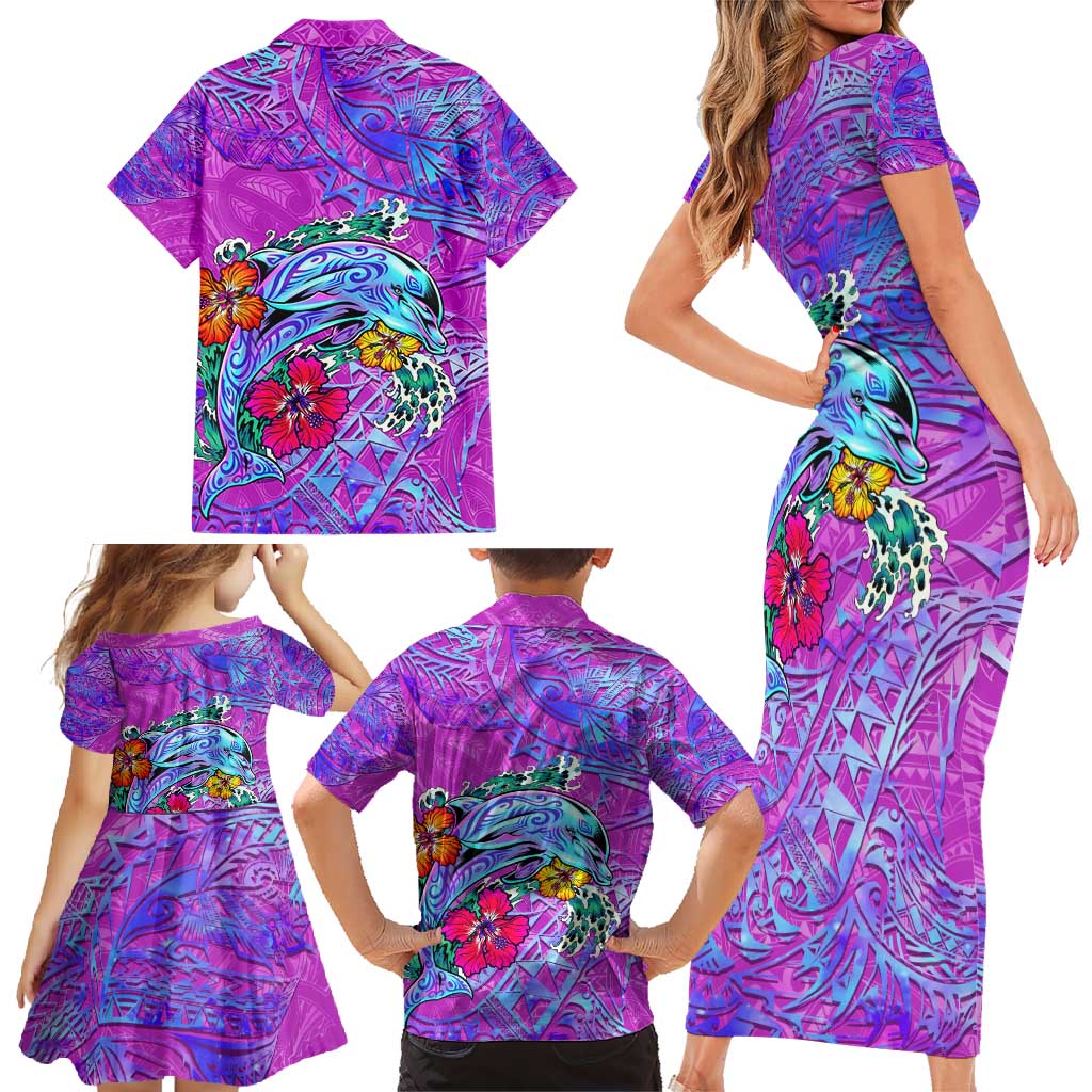 Dolphin Polynesia Family Matching Short Sleeve Bodycon Dress and Hawaiian Shirt Hibiscus Tropical Wave - Purple Vibes DT02 - Polynesian Pride