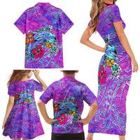 Dolphin Polynesia Family Matching Short Sleeve Bodycon Dress and Hawaiian Shirt Hibiscus Tropical Wave - Purple Vibes DT02 - Polynesian Pride