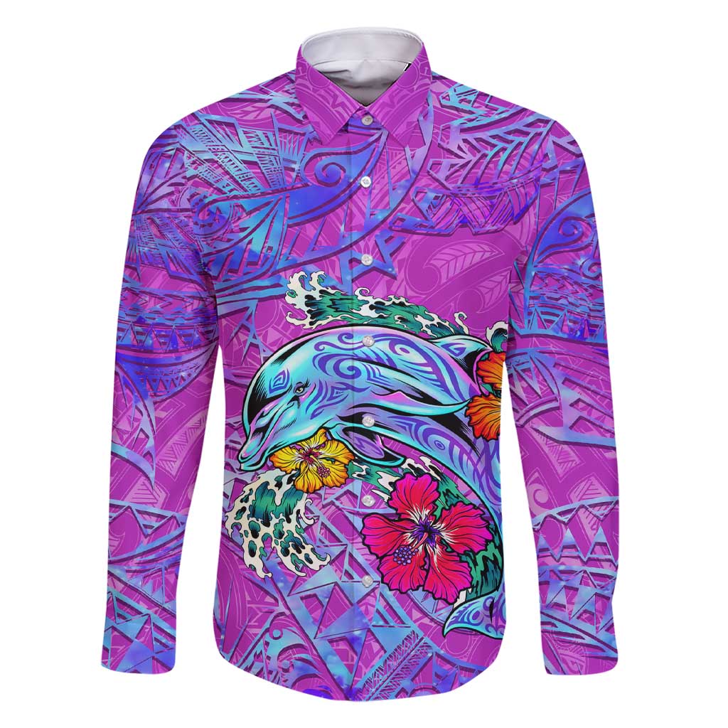 Dolphin Polynesia Family Matching Short Sleeve Bodycon Dress and Hawaiian Shirt Hibiscus Tropical Wave - Purple Vibes DT02 Dad's Shirt - Long Sleeve Purple - Polynesian Pride