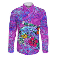 Dolphin Polynesia Family Matching Short Sleeve Bodycon Dress and Hawaiian Shirt Hibiscus Tropical Wave - Purple Vibes DT02 Dad's Shirt - Long Sleeve Purple - Polynesian Pride
