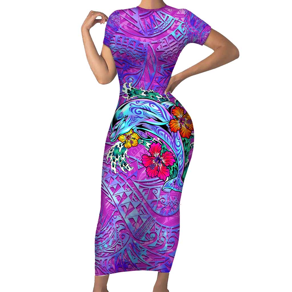 Dolphin Polynesia Family Matching Short Sleeve Bodycon Dress and Hawaiian Shirt Hibiscus Tropical Wave - Purple Vibes DT02 Mom's Dress Purple - Polynesian Pride