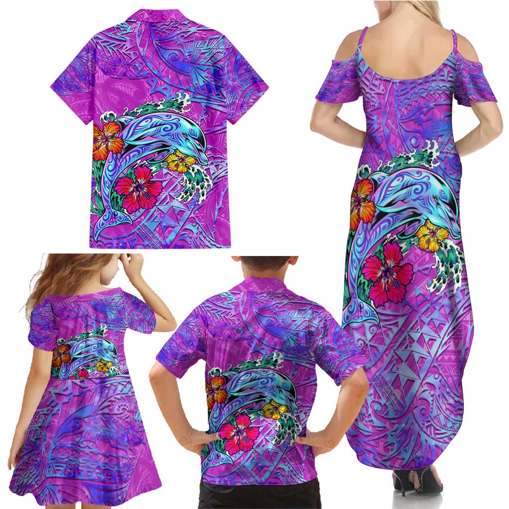 Dolphin Polynesia Family Matching Summer Maxi Dress and Hawaiian Shirt Hibiscus Tropical Wave - Purple Vibes DT02 - Polynesian Pride
