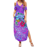 Dolphin Polynesia Family Matching Summer Maxi Dress and Hawaiian Shirt Hibiscus Tropical Wave - Purple Vibes DT02 Mom's Dress Purple - Polynesian Pride