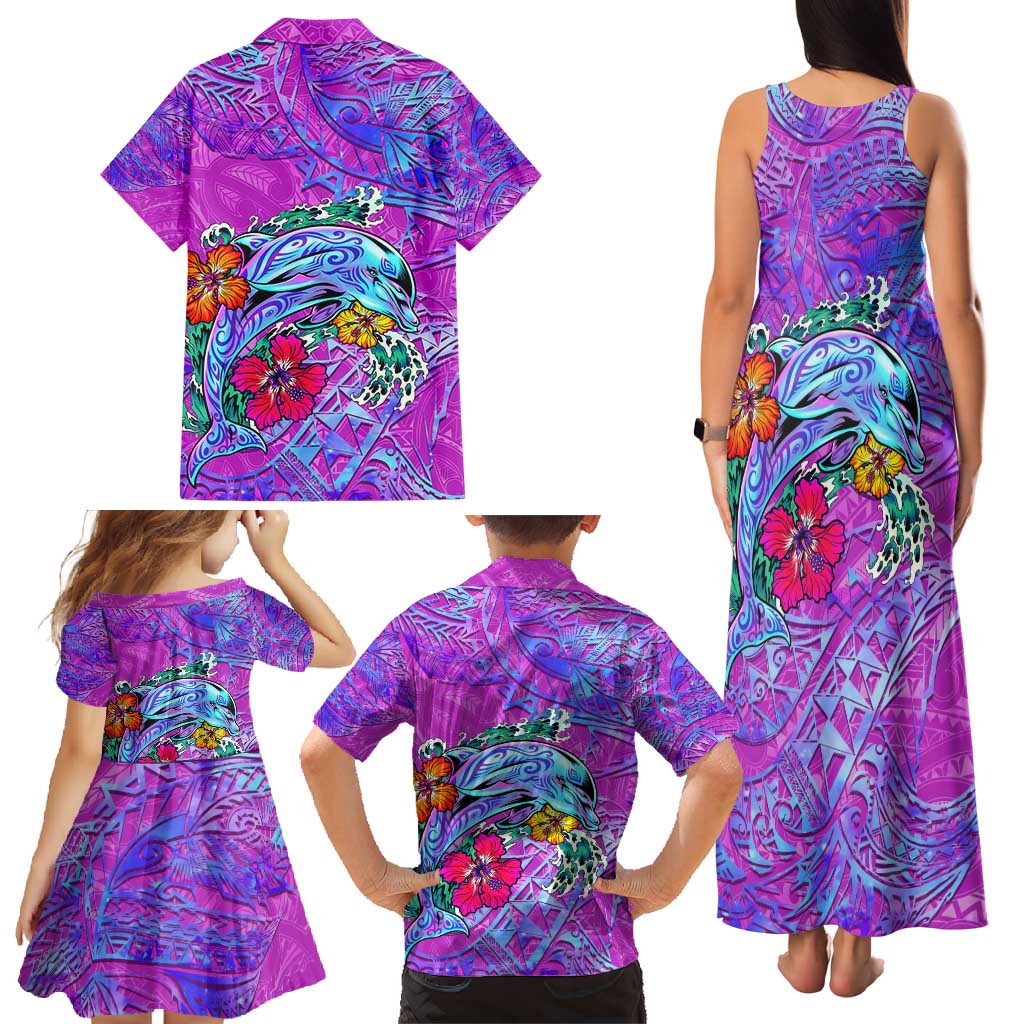 Dolphin Polynesia Family Matching Tank Maxi Dress and Hawaiian Shirt Hibiscus Tropical Wave - Purple Vibes DT02 - Polynesian Pride