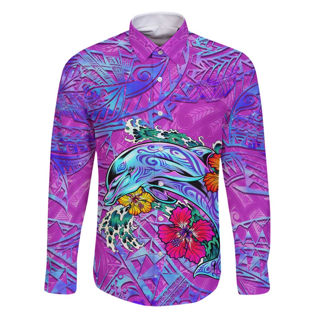 Dolphin Polynesia Family Matching Tank Maxi Dress and Hawaiian Shirt Hibiscus Tropical Wave - Purple Vibes DT02 Dad's Shirt - Long Sleeve Purple - Polynesian Pride
