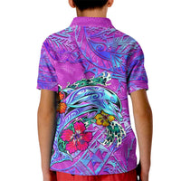 Personalized Dolphin Polynesia Kid Polo Shirt Hibiscus Tropical Wave - Purple Vibes