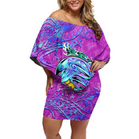 Dolphin Polynesia Off Shoulder Short Dress Hibiscus Tropical Wave - Purple Vibes DT02 Women Purple - Polynesian Pride