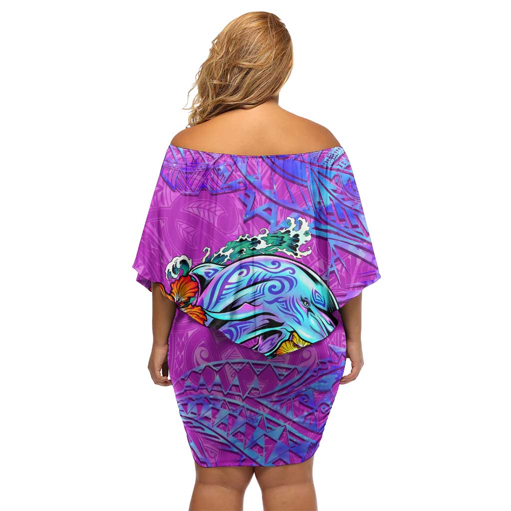Dolphin Polynesia Off Shoulder Short Dress Hibiscus Tropical Wave - Purple Vibes DT02 - Polynesian Pride