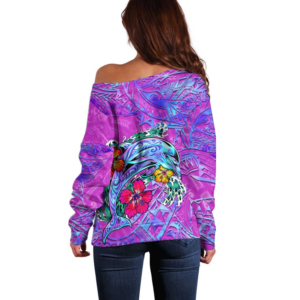 Personalized Dolphin Polynesia Off Shoulder Sweater Hibiscus Tropical Wave - Purple Vibes
