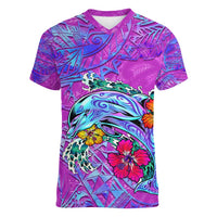 Dolphin Polynesia Women V-Neck T-Shirt Hibiscus Tropical Wave - Purple Vibes DT02 Female Purple - Polynesian Pride