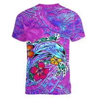 Dolphin Polynesia Women V-Neck T-Shirt Hibiscus Tropical Wave - Purple Vibes DT02 - Polynesian Pride