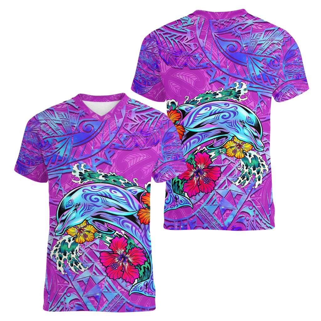 Dolphin Polynesia Women V-Neck T-Shirt Hibiscus Tropical Wave - Purple Vibes DT02 - Polynesian Pride