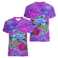 Dolphin Polynesia Women V-Neck T-Shirt Hibiscus Tropical Wave - Purple Vibes DT02 - Polynesian Pride