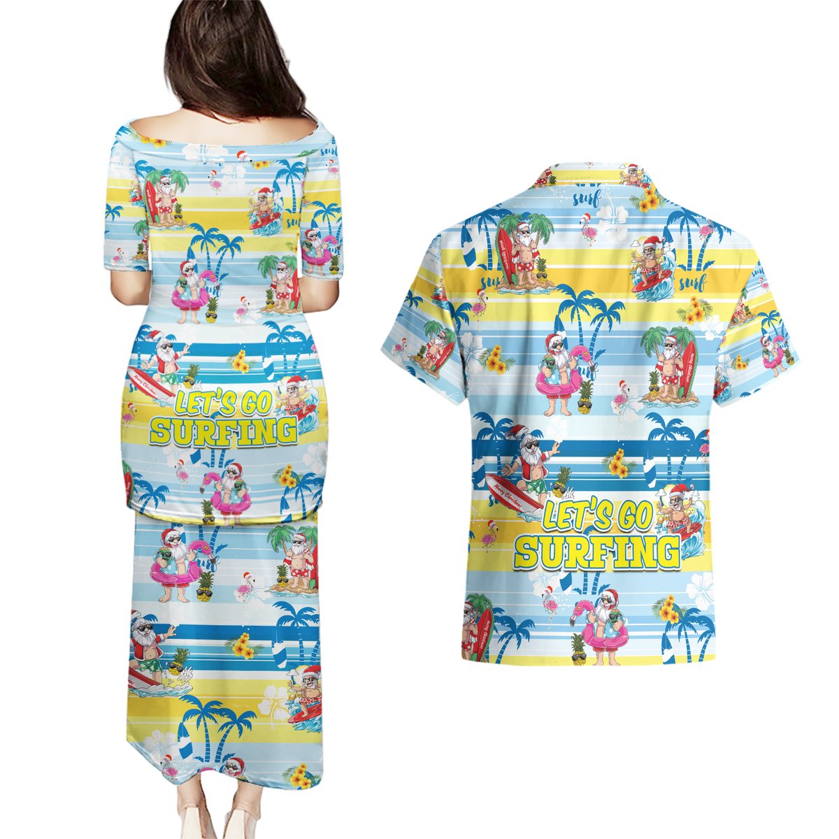 Surfing Christmas Couples Matching Puletasi Dress and Hawaiian Shirt Tropical Santa Let's Go Surfing DT02 - Polynesian Pride