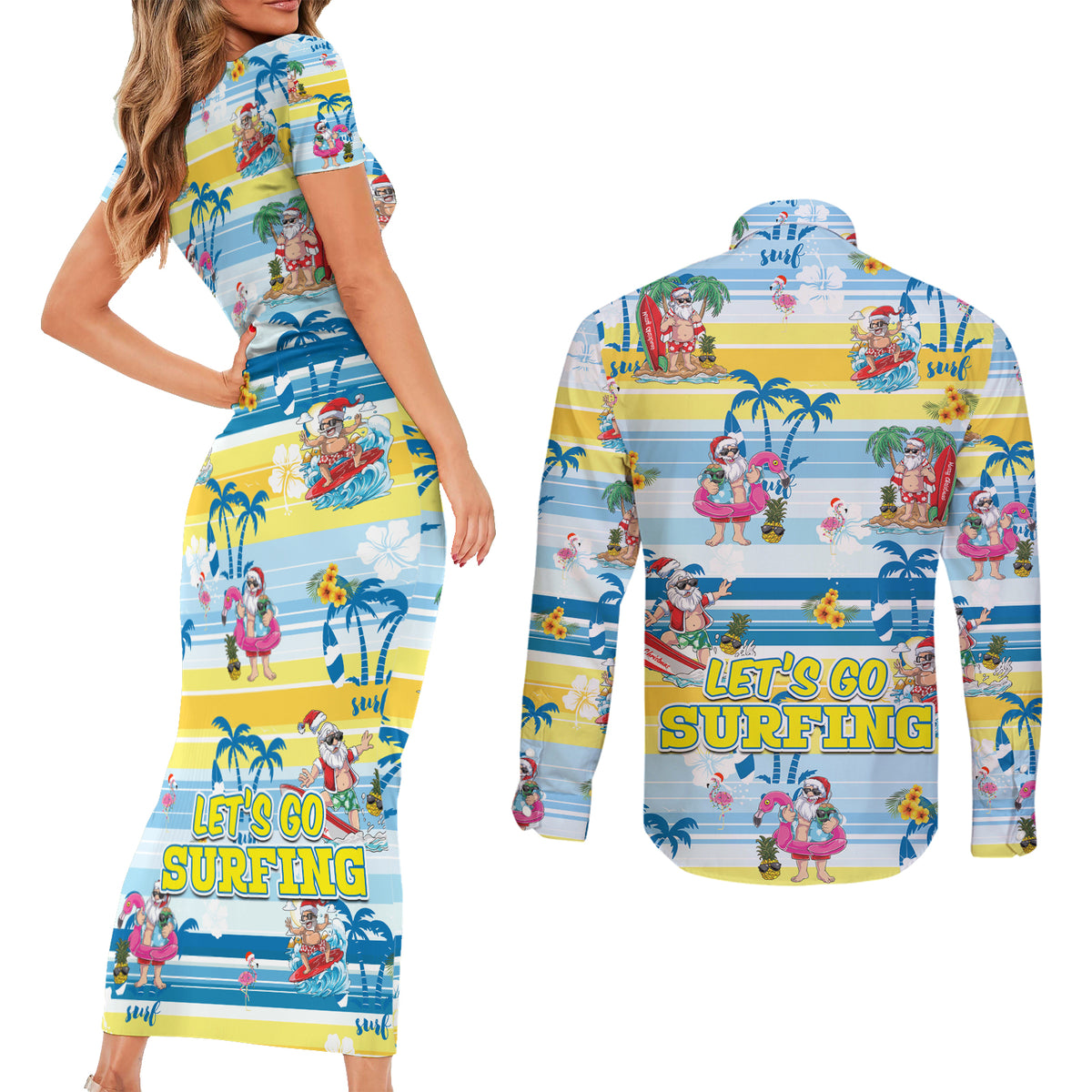 Surfing Christmas Couples Matching Short Sleeve Bodycon Dress and Long Sleeve Button Shirt Tropical Santa Let's Go Surfing DT02 - Polynesian Pride