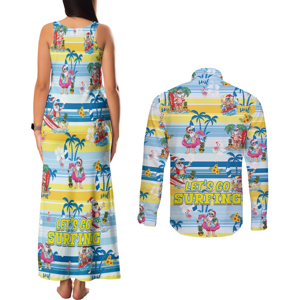 Surfing Christmas Couples Matching Tank Maxi Dress and Long Sleeve Button Shirt Tropical Santa Let's Go Surfing DT02 - Polynesian Pride