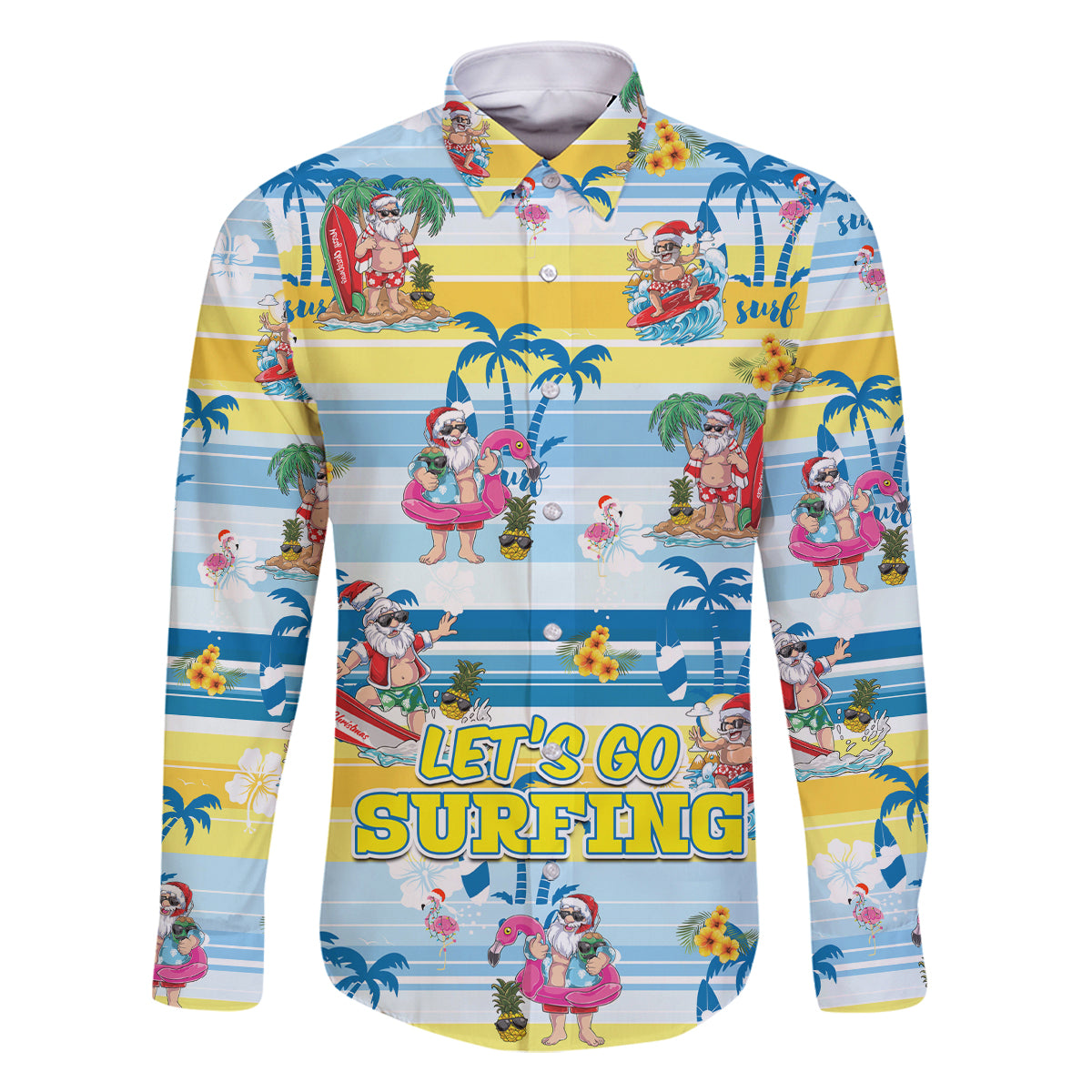 Surfing Christmas Family Matching Off Shoulder Maxi Dress and Hawaiian Shirt Tropical Santa Let's Go Surfing DT02 Dad's Shirt - Long Sleeve Art - Polynesian Pride