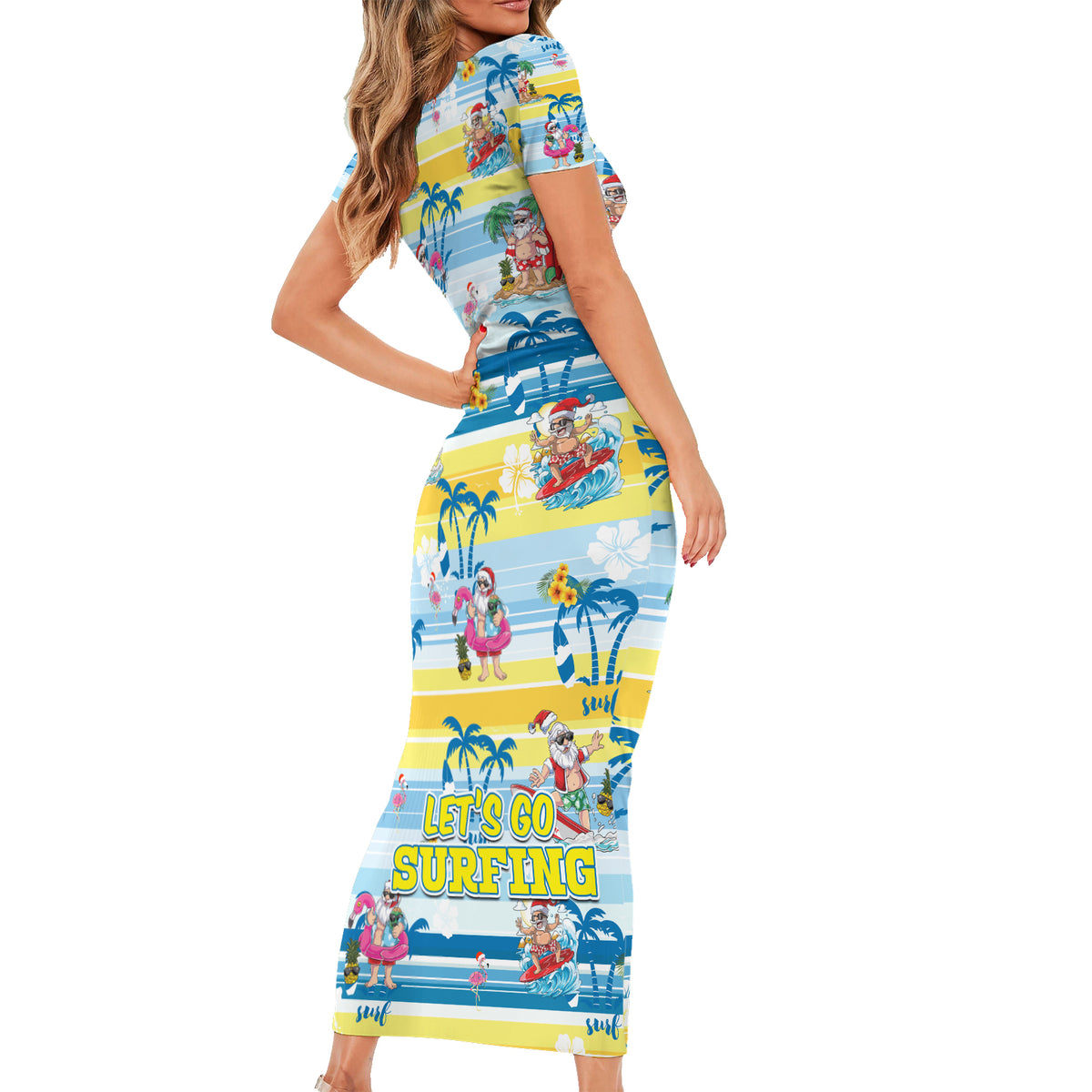 Surfing Christmas Short Sleeve Bodycon Dress Tropical Santa Let's Go Surfing DT02 - Polynesian Pride