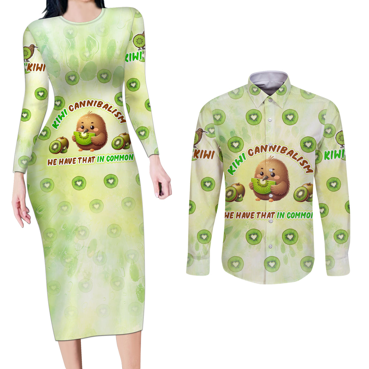 Kiwi Cannibalism Couples Matching Long Sleeve Bodycon Dress and Long Sleeve Button Shirt New Zealand Kiwi Cute Bird Funny DT02 Green - Polynesian Pride