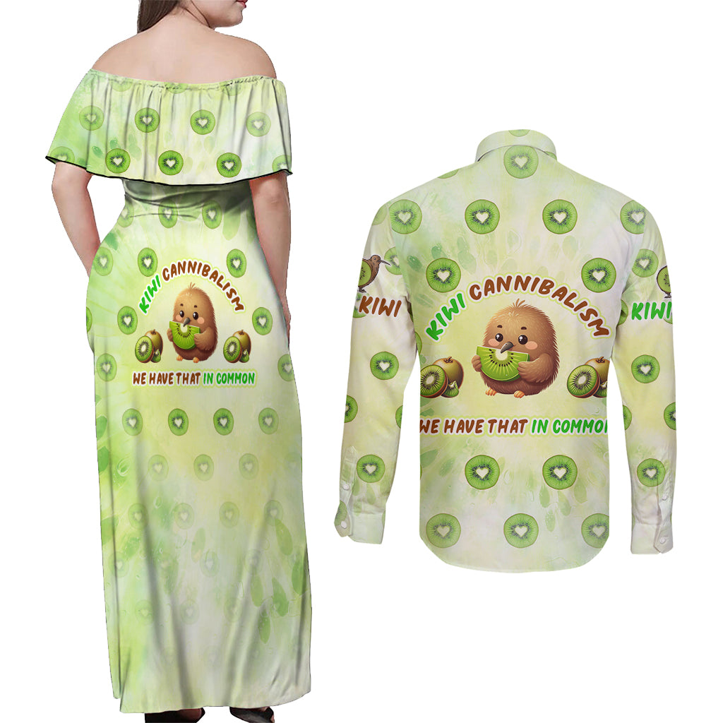 Kiwi Cannibalism Couples Matching Off Shoulder Maxi Dress and Long Sleeve Button Shirt New Zealand Kiwi Cute Bird Funny DT02 - Polynesian Pride