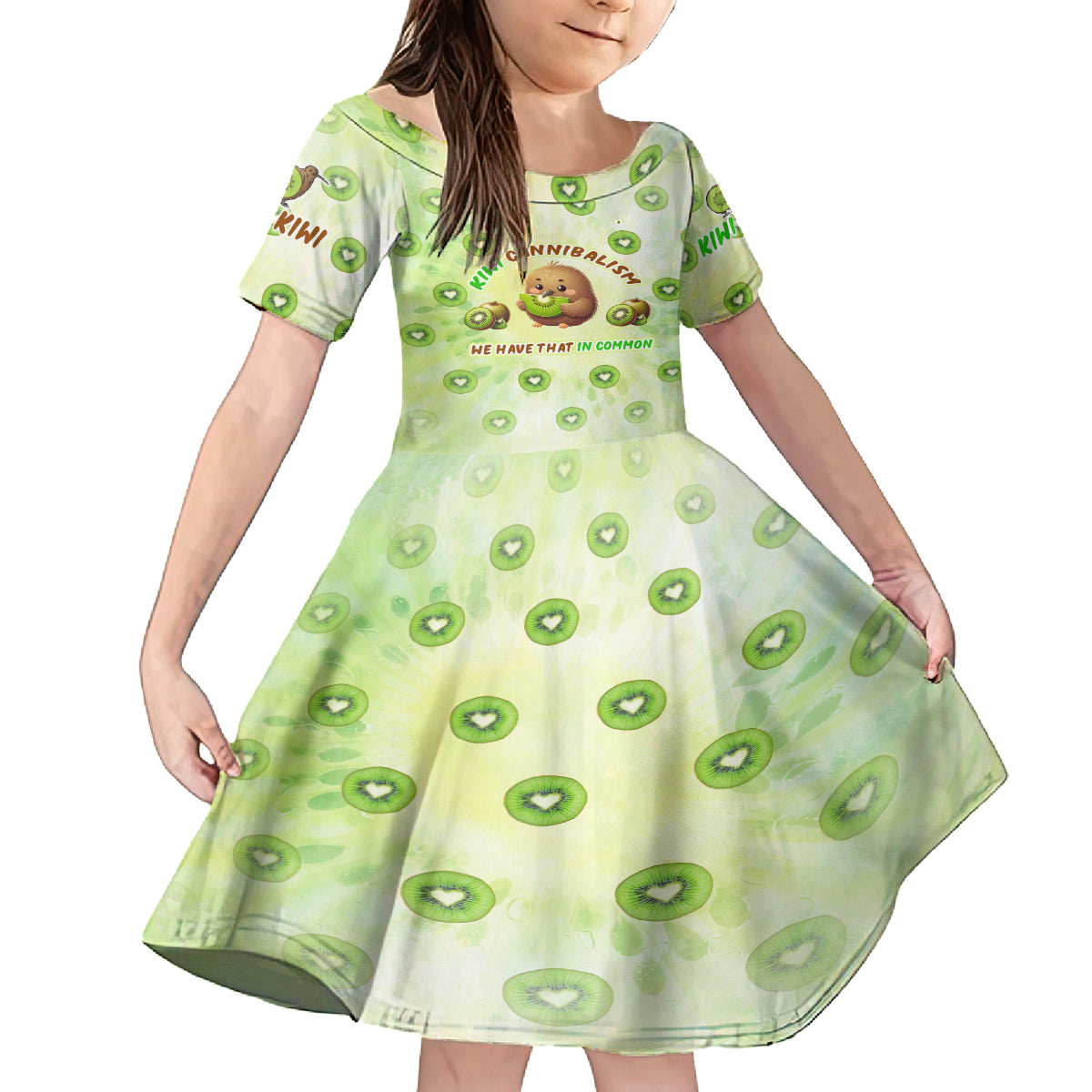 Kiwi Cannibalism Family Matching Off Shoulder Maxi Dress and Hawaiian Shirt New Zealand Kiwi Cute Bird Funny DT02 Daughter's Dress Green - Polynesian Pride