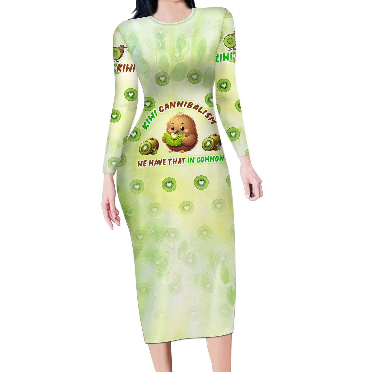 Kiwi Cannibalism Long Sleeve Bodycon Dress New Zealand Kiwi Cute Bird Funny DT02 Long Dress Green - Polynesian Pride