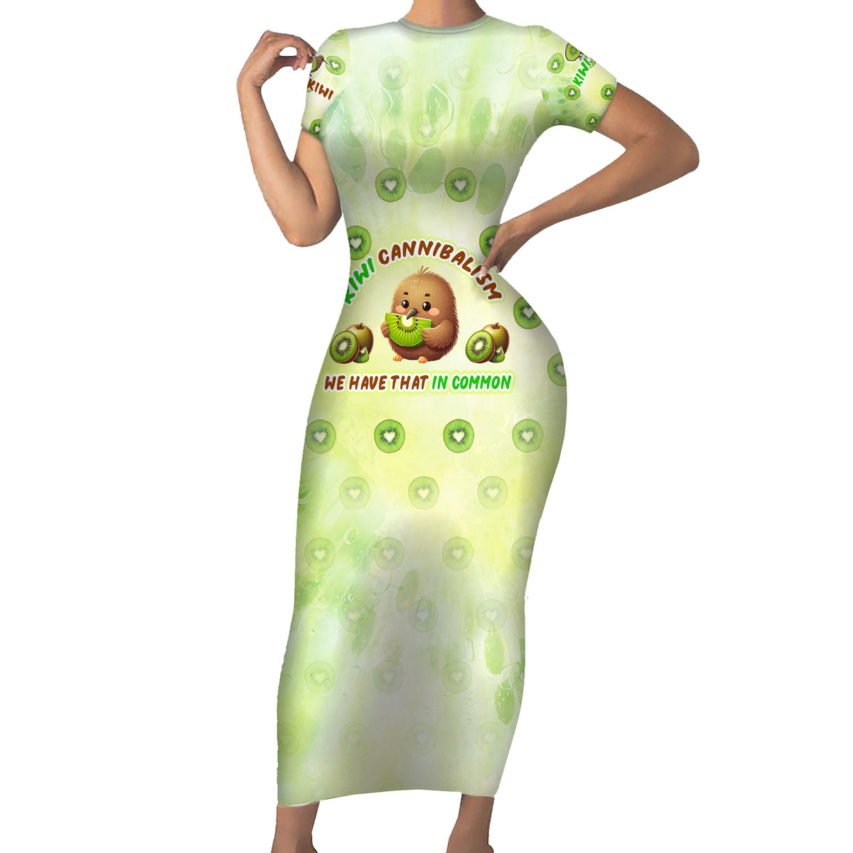 Kiwi Cannibalism Short Sleeve Bodycon Dress New Zealand Kiwi Cute Bird Funny DT02 Long Dress Green - Polynesian Pride