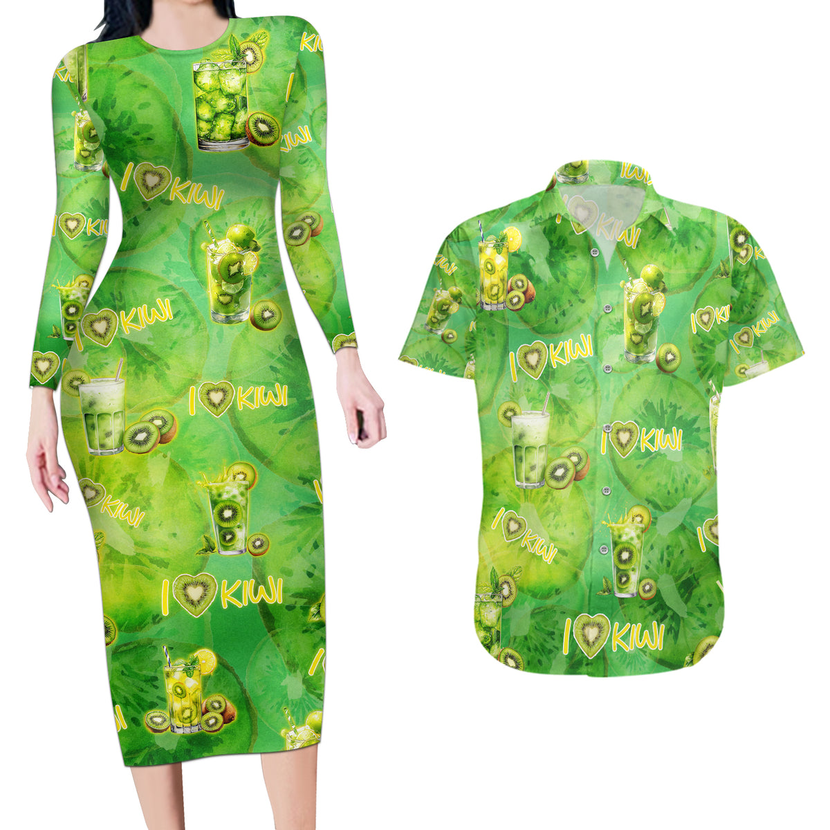 I Love Kiwi Couples Matching Long Sleeve Bodycon Dress and Hawaiian Shirt New Zealand Kiwi Fruit Summer Cocktail DT02 Green - Polynesian Pride