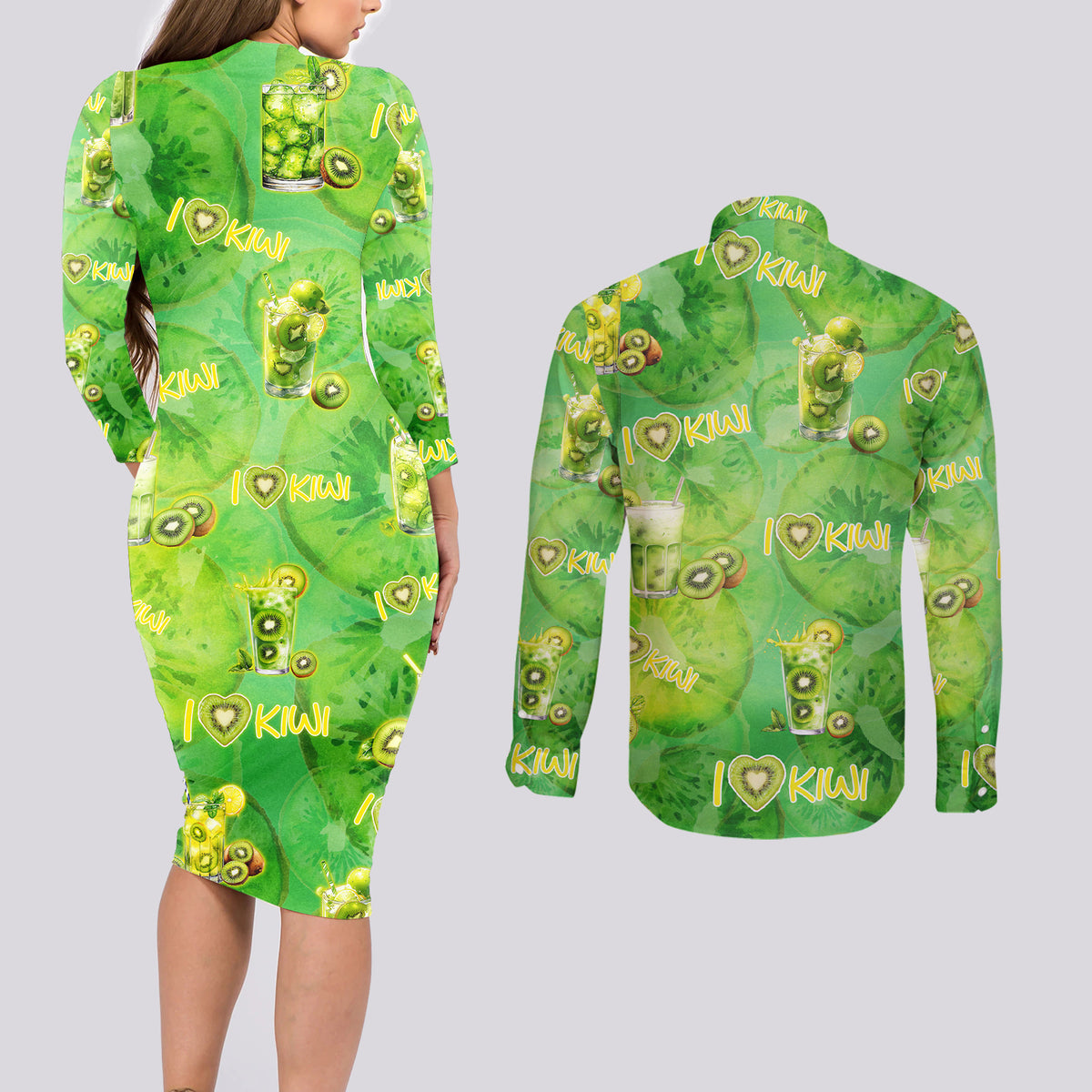 I Love Kiwi Couples Matching Long Sleeve Bodycon Dress and Long Sleeve Button Shirt New Zealand Kiwi Fruit Summer Cocktail DT02 - Polynesian Pride