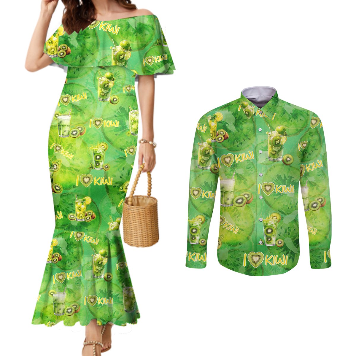 I Love Kiwi Couples Matching Mermaid Dress and Long Sleeve Button Shirt New Zealand Kiwi Fruit Summer Cocktail