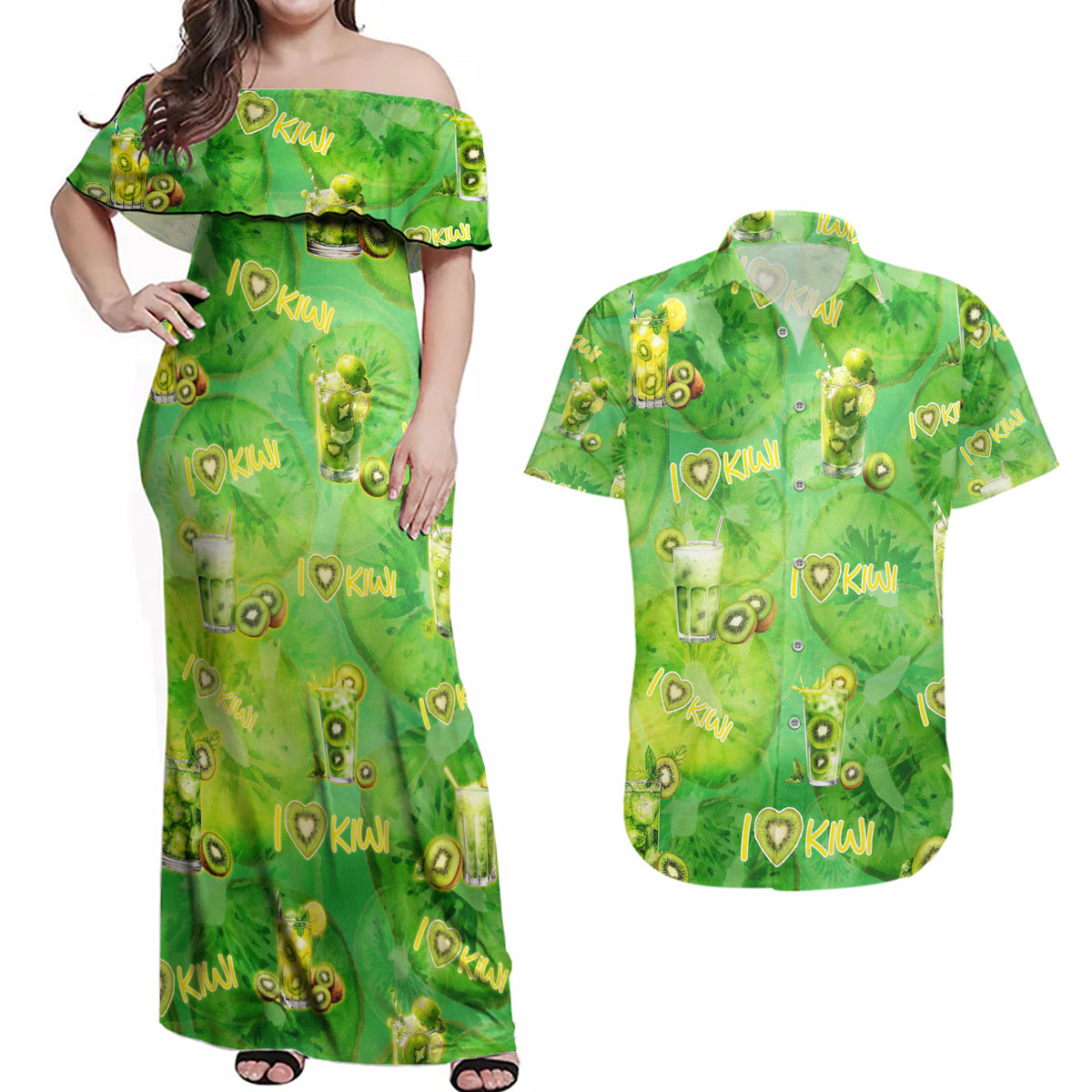 I Love Kiwi Couples Matching Off Shoulder Maxi Dress and Hawaiian Shirt New Zealand Kiwi Fruit Summer Cocktail DT02 Green - Polynesian Pride