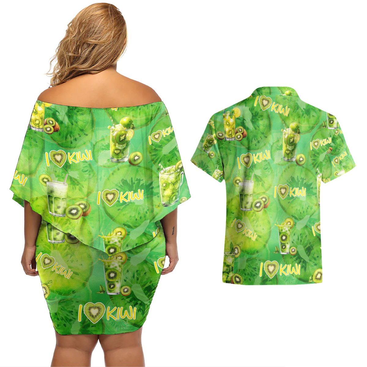 I Love Kiwi Couples Matching Off Shoulder Short Dress and Hawaiian Shirt New Zealand Kiwi Fruit Summer Cocktail DT02 - Polynesian Pride