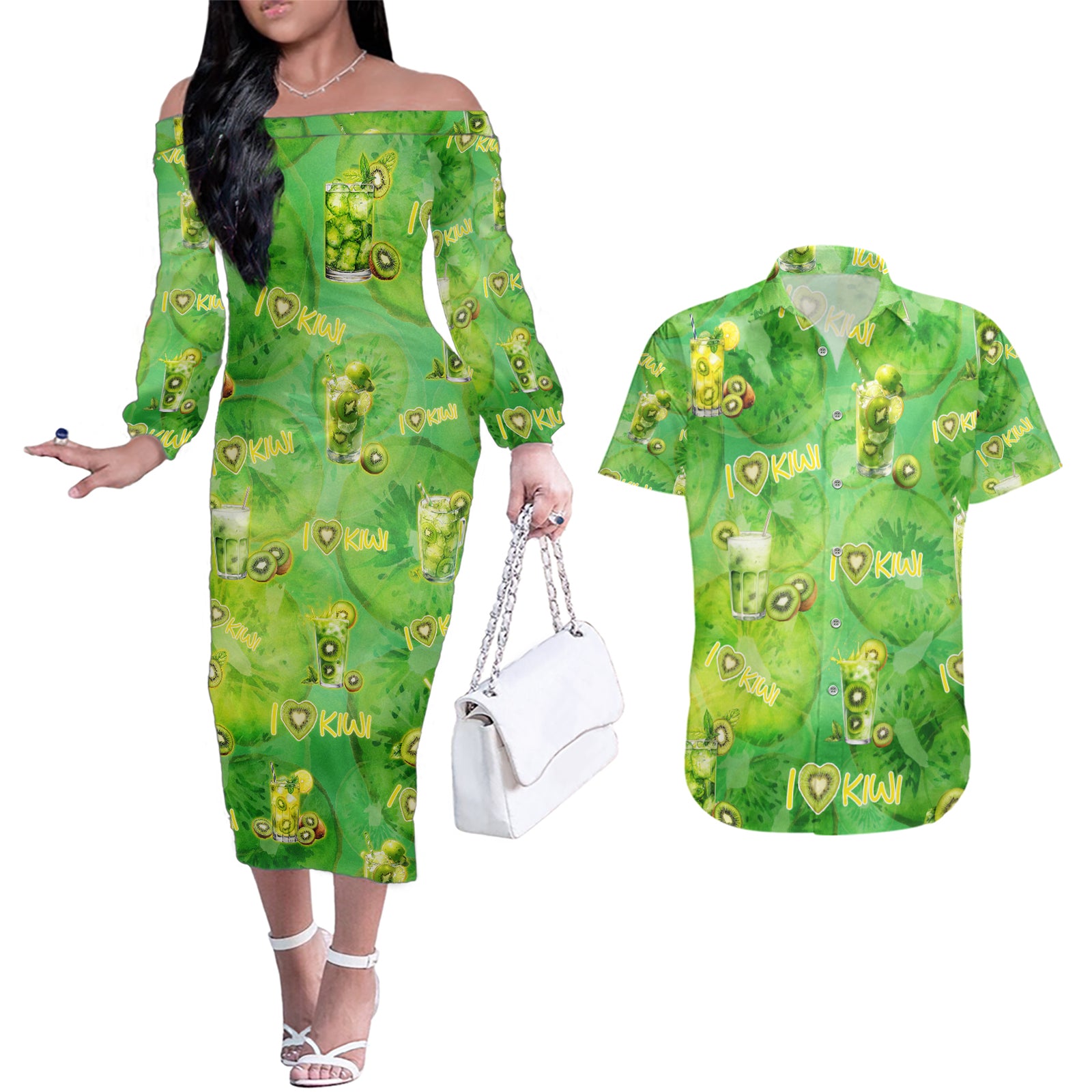 I Love Kiwi Couples Matching Off The Shoulder Long Sleeve Dress and Hawaiian Shirt New Zealand Kiwi Fruit Summer Cocktail