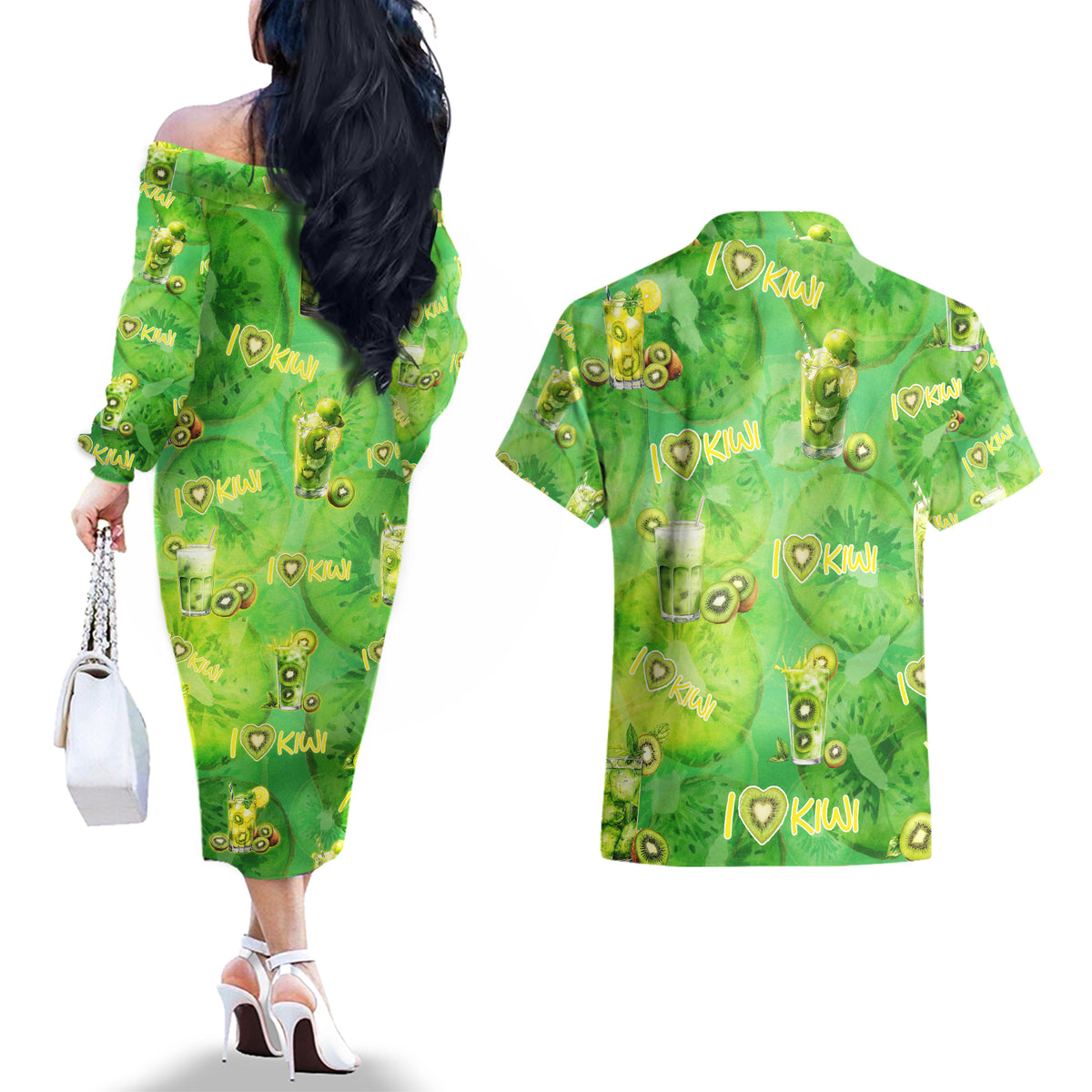I Love Kiwi Couples Matching Off The Shoulder Long Sleeve Dress and Hawaiian Shirt New Zealand Kiwi Fruit Summer Cocktail DT02 - Polynesian Pride