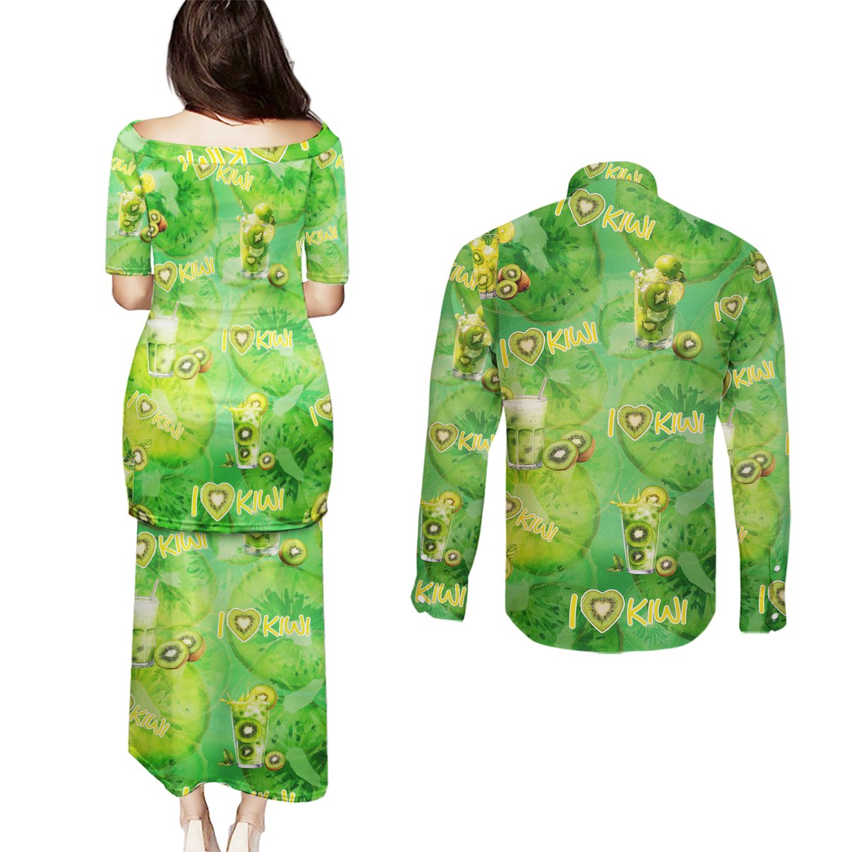 I Love Kiwi Couples Matching Puletasi and Long Sleeve Button Shirt New Zealand Kiwi Fruit Summer Cocktail DT02 - Polynesian Pride