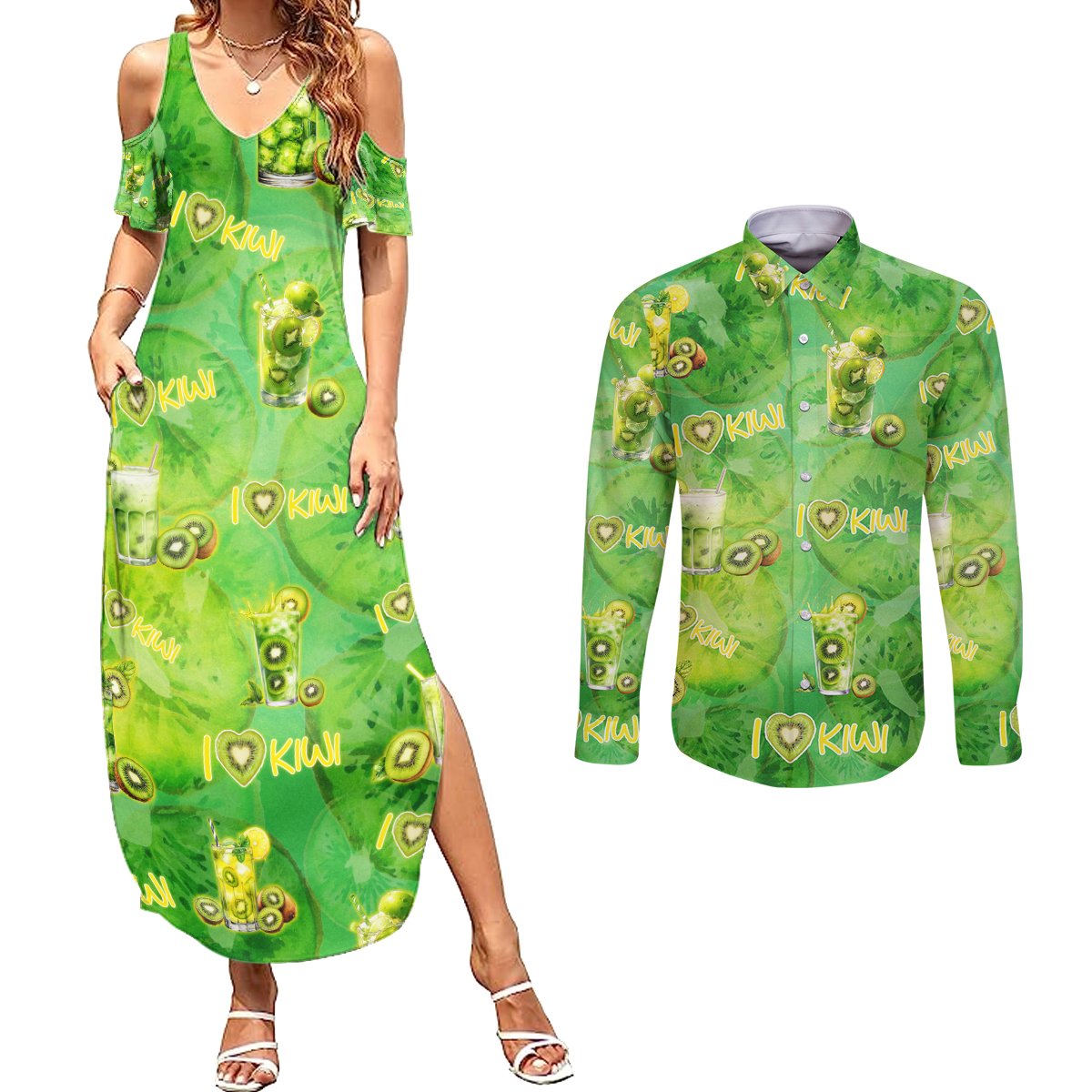 I Love Kiwi Couples Matching Summer Maxi Dress and Long Sleeve Button Shirt New Zealand Kiwi Fruit Summer Cocktail DT02 Green - Polynesian Pride