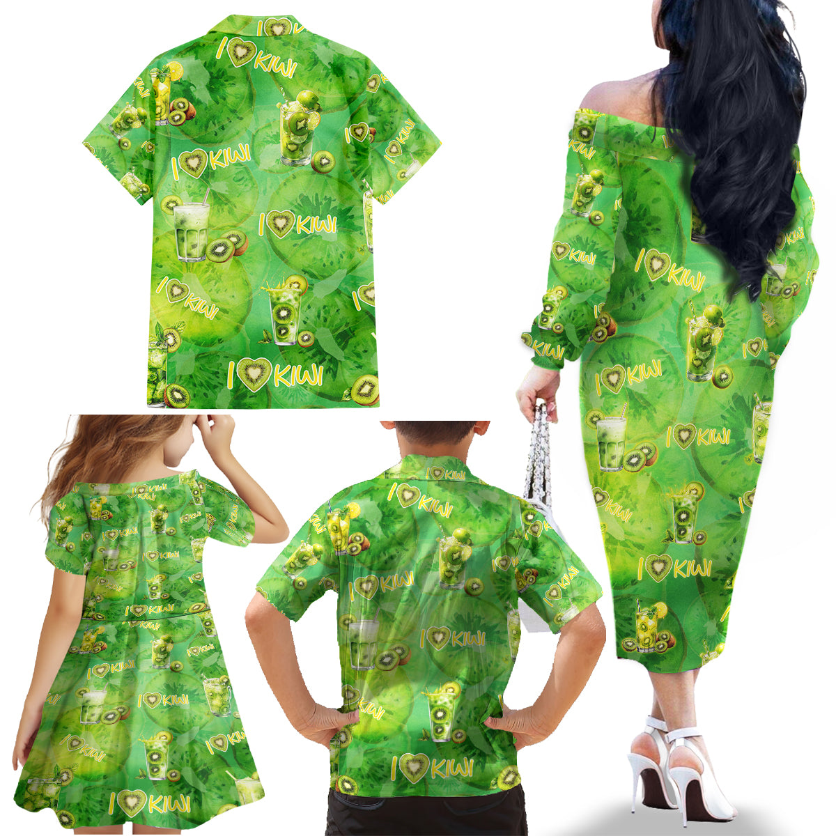I Love Kiwi Family Matching Off The Shoulder Long Sleeve Dress and Hawaiian Shirt New Zealand Kiwi Fruit Summer Cocktail DT02 - Polynesian Pride