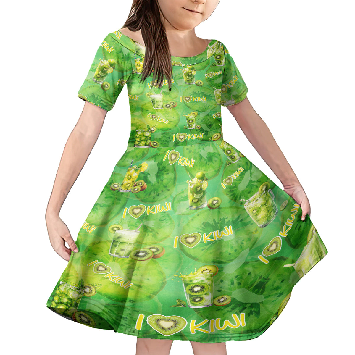 I Love Kiwi Family Matching Off Shoulder Maxi Dress and Hawaiian Shirt New Zealand Kiwi Fruit Summer Cocktail DT02 Daughter's Dress Green - Polynesian Pride