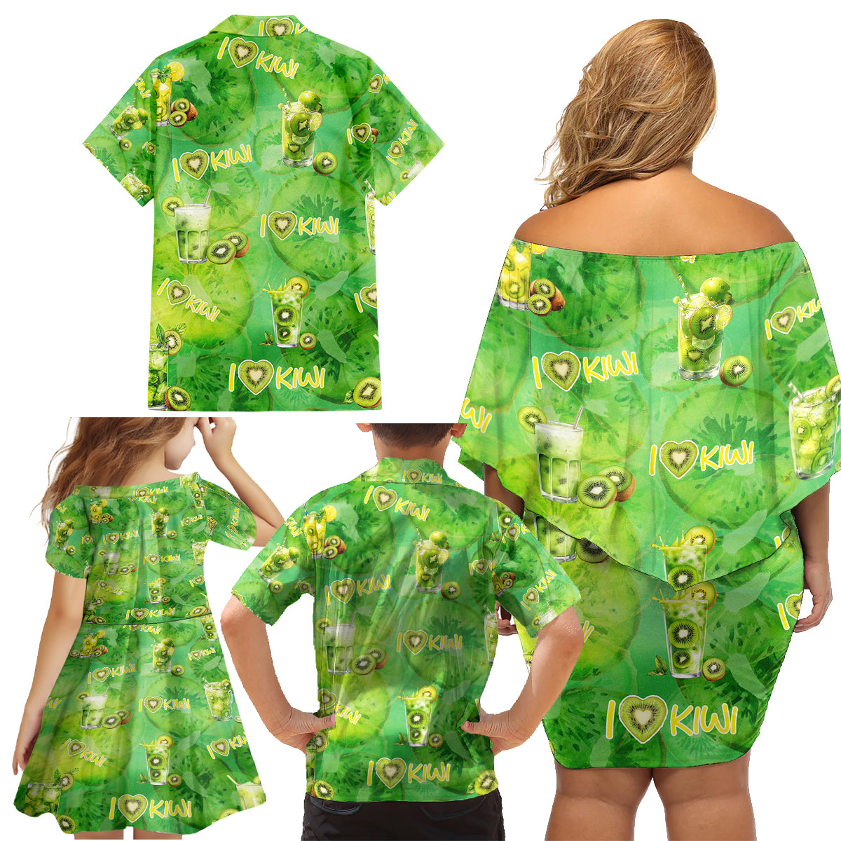 I Love Kiwi Family Matching Off Shoulder Short Dress and Hawaiian Shirt New Zealand Kiwi Fruit Summer Cocktail DT02 - Polynesian Pride