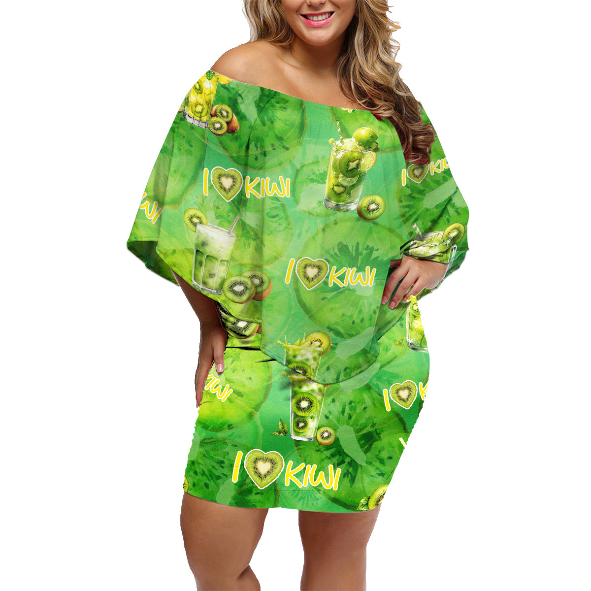 I Love Kiwi Family Matching Off Shoulder Short Dress and Hawaiian Shirt New Zealand Kiwi Fruit Summer Cocktail DT02 Mom's Dress Green - Polynesian Pride