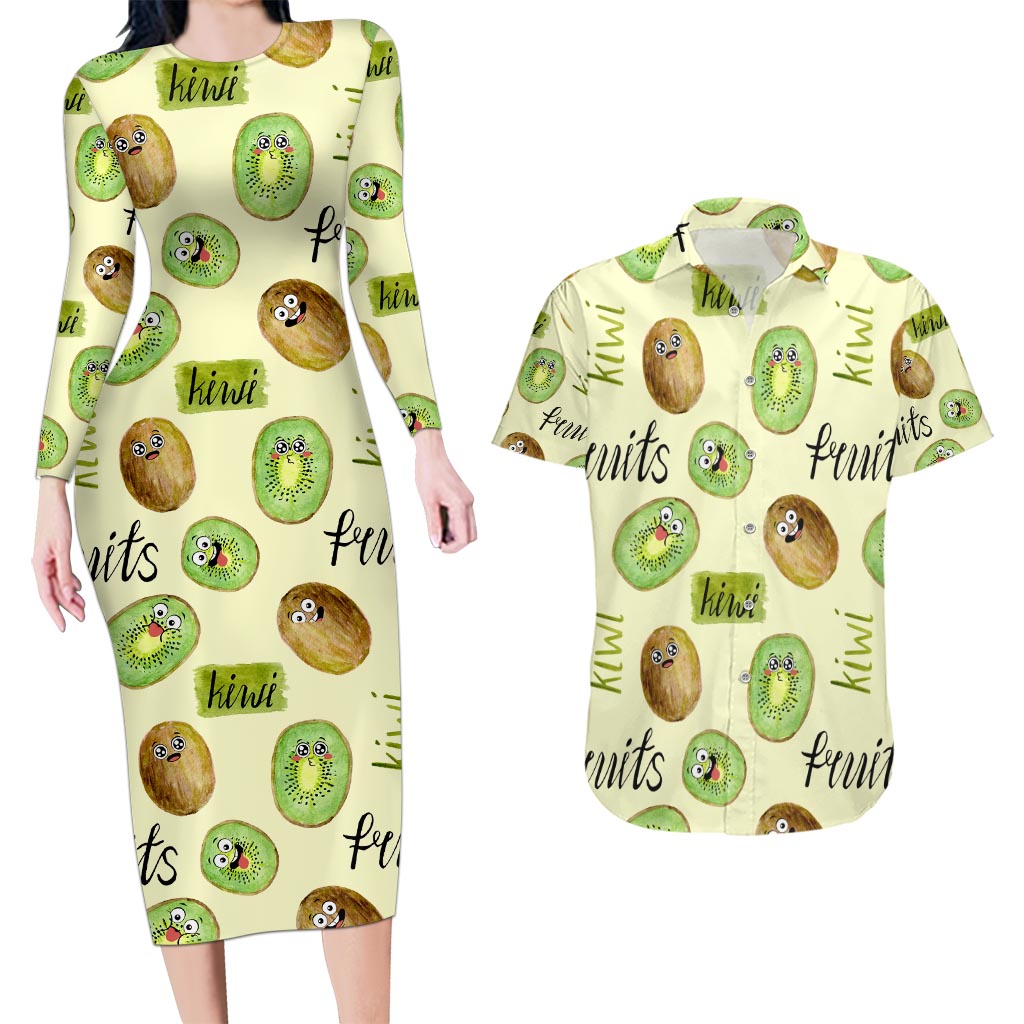 Kiwi Cute Humorous Couples Matching Long Sleeve Bodycon Dress and Hawaiian Shirt New Zealand Fruit DT02 Yellow - Polynesian Pride