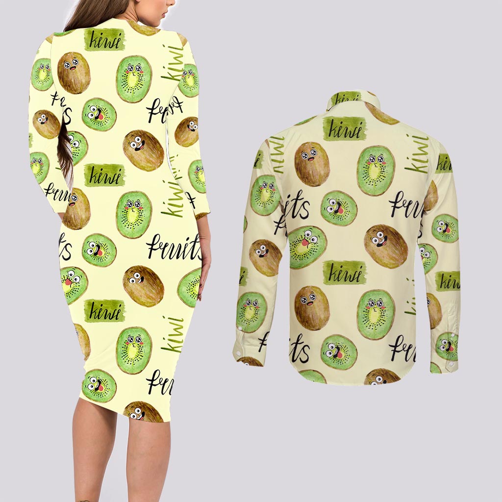 Kiwi Cute Humorous Couples Matching Long Sleeve Bodycon Dress and Long Sleeve Button Shirt New Zealand Fruit DT02 - Polynesian Pride