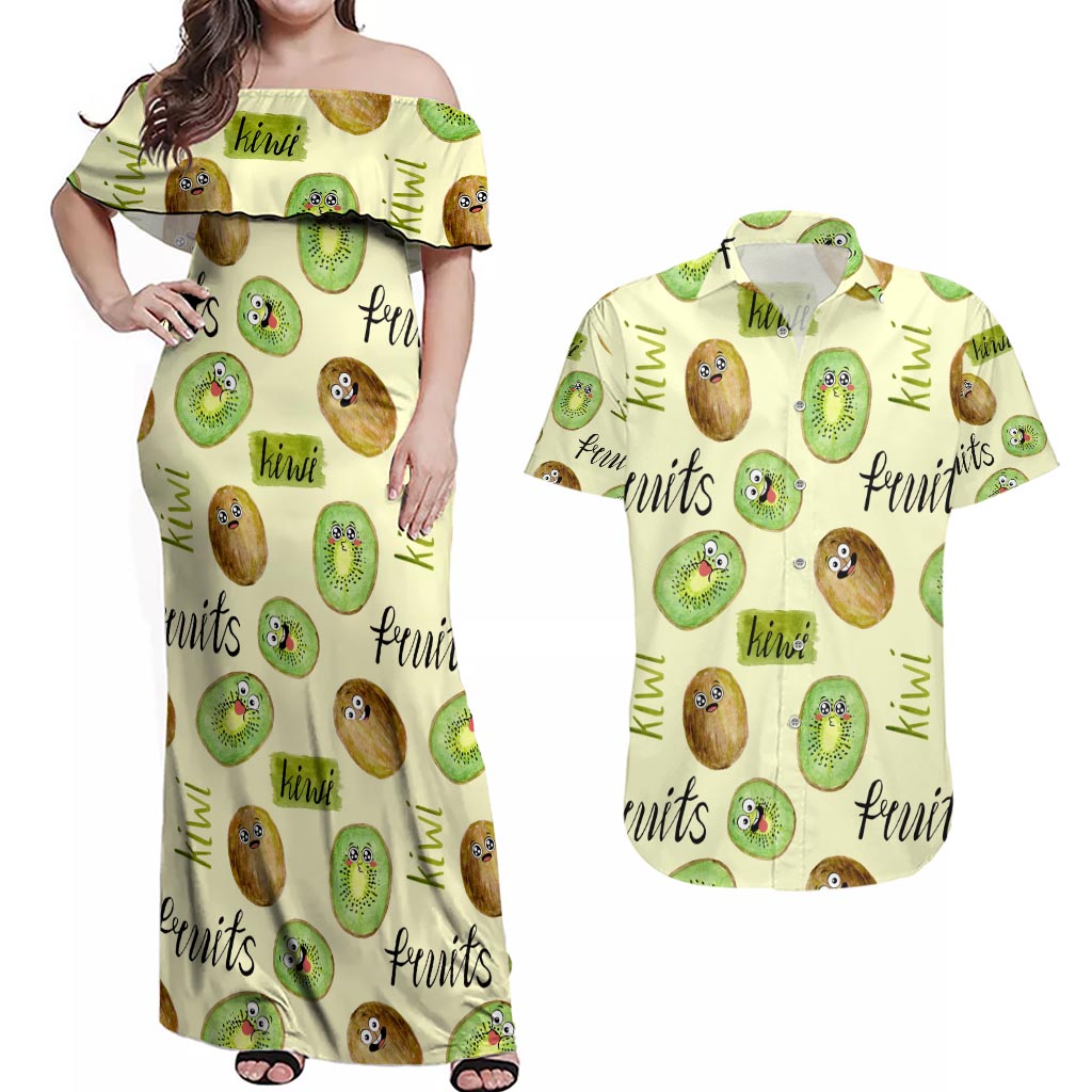 Kiwi Cute Humorous Couples Matching Off Shoulder Maxi Dress and Hawaiian Shirt New Zealand Fruit DT02 Yellow - Polynesian Pride