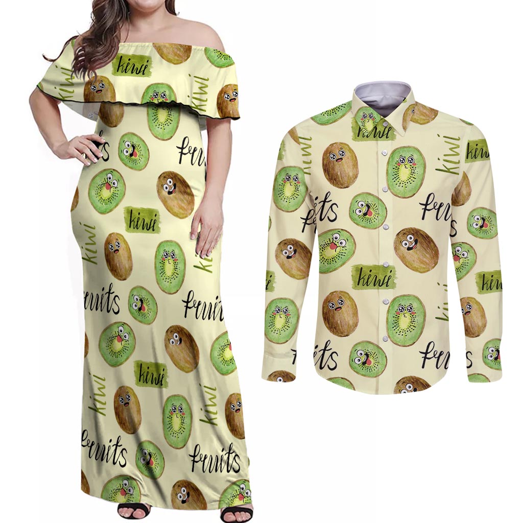 Kiwi Cute Humorous Couples Matching Off Shoulder Maxi Dress and Long Sleeve Button Shirt New Zealand Fruit DT02 Yellow - Polynesian Pride